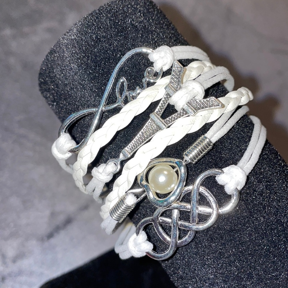Multi Braid Bracelet Infinity Love Braid Eiffel Tower Faux Pearl Lobster Clasp